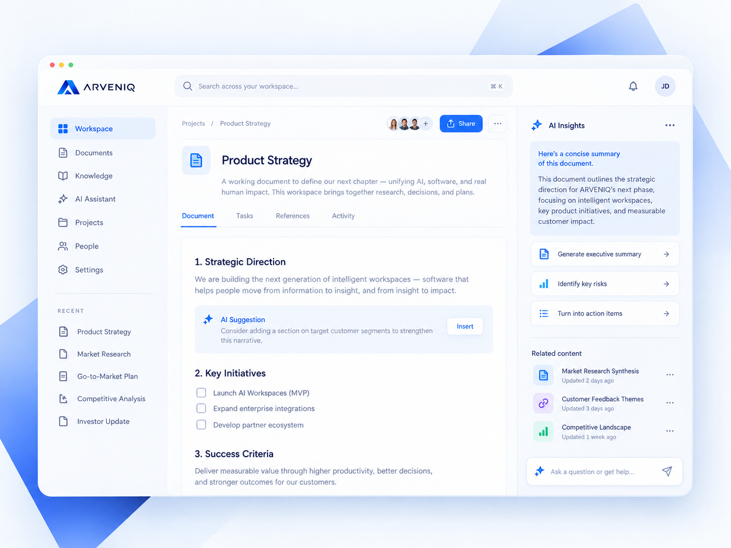 ARVENIQ AI workspace interface